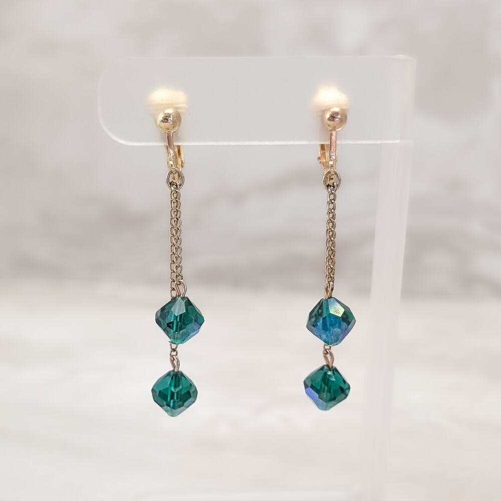 Vintage Clip On Earrings Iridescent Green Faceted Bead Dangle Drop Duo